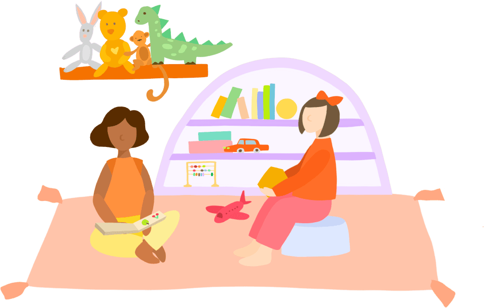 An artist's illustration of a mother and her daughter on a rug in a child's bedroom with stuffed animals, books and toys on shelving.