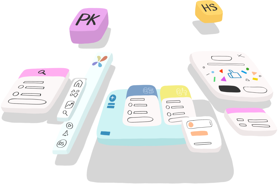 A montage of artist's illustrations that consists of different components from the Pasela web application.