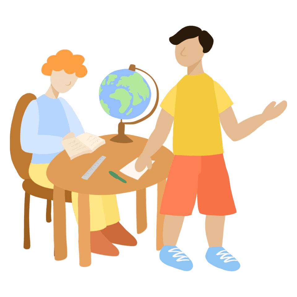 An artists illustration of two high school students sitting at a table, engaged in conversation and studying together.