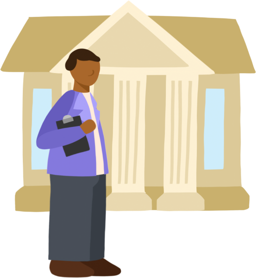 An artist's illustration of a lawmaker holding a clipboard standing in front of a municipal building.